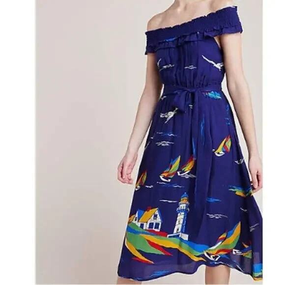 Conversations Anthropologie Dress 4 Colloquial Nautical Lighthouse No Belt - Picture 1 of 10